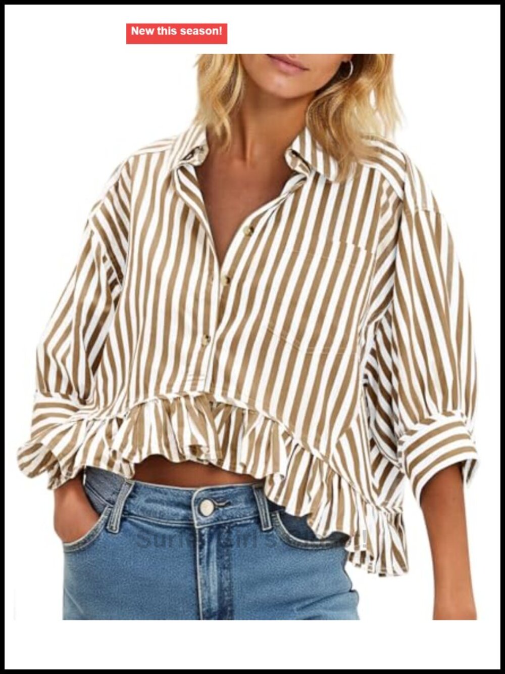 Womens Cropped Button Down Shirt Ruffle Neck 3/4 Sleeve Plaid Top